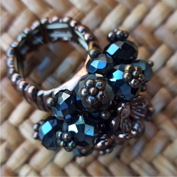 Chunky Stretchy Ring Metallic Black Charm Cluster Flower Beads Vintage Statement - Picture 13 of 15